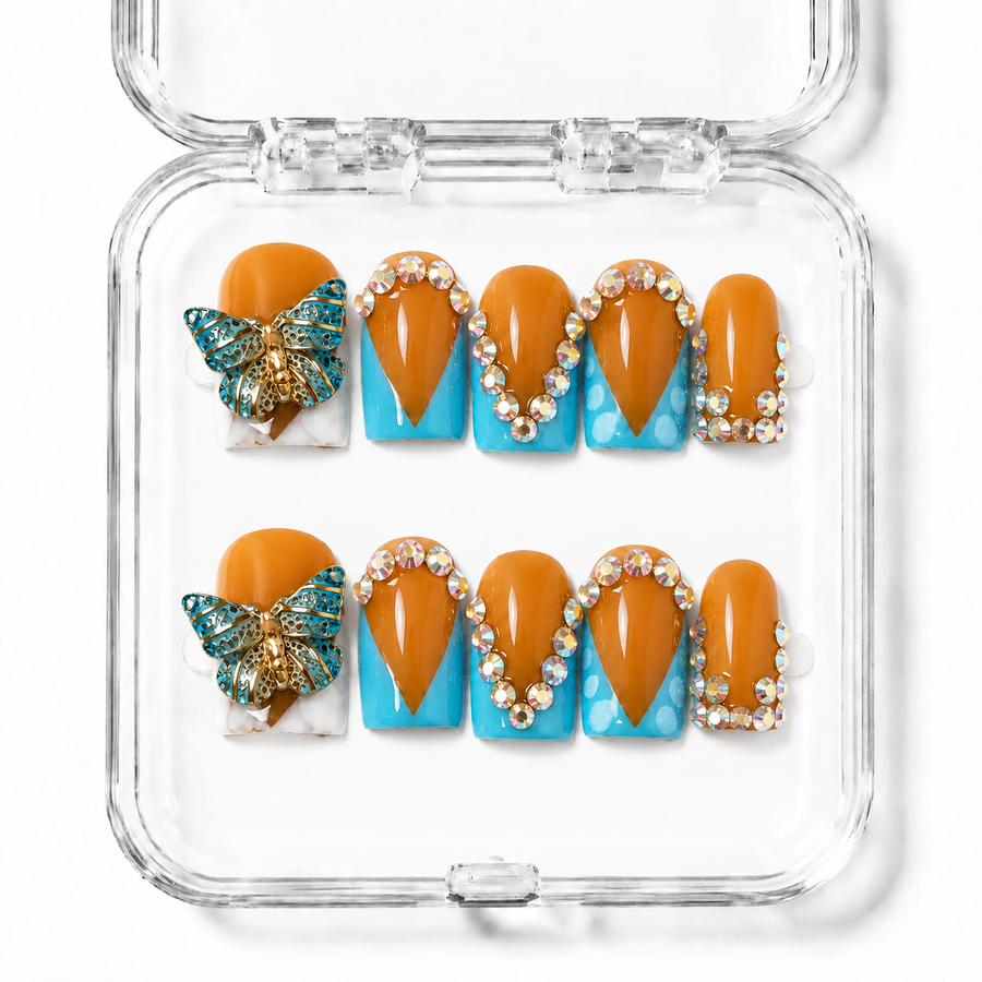 GAGUGAGU Orange Butterfly Teal French Tip Press-On Nails for Summer Vacation, Glossy False Nails for Birthday Party, Date Night and Weekend Style, S M L