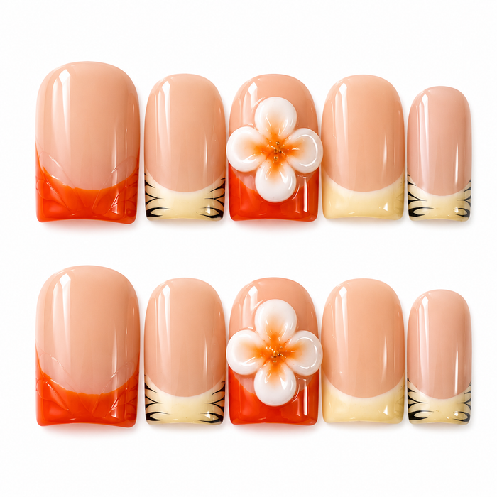 GAGUGAGU Orange Flower French Tip Press-On Nails for Beach Vacation, Glossy False Nails for Birthday Party, Date Night and Weekend Style, S M L