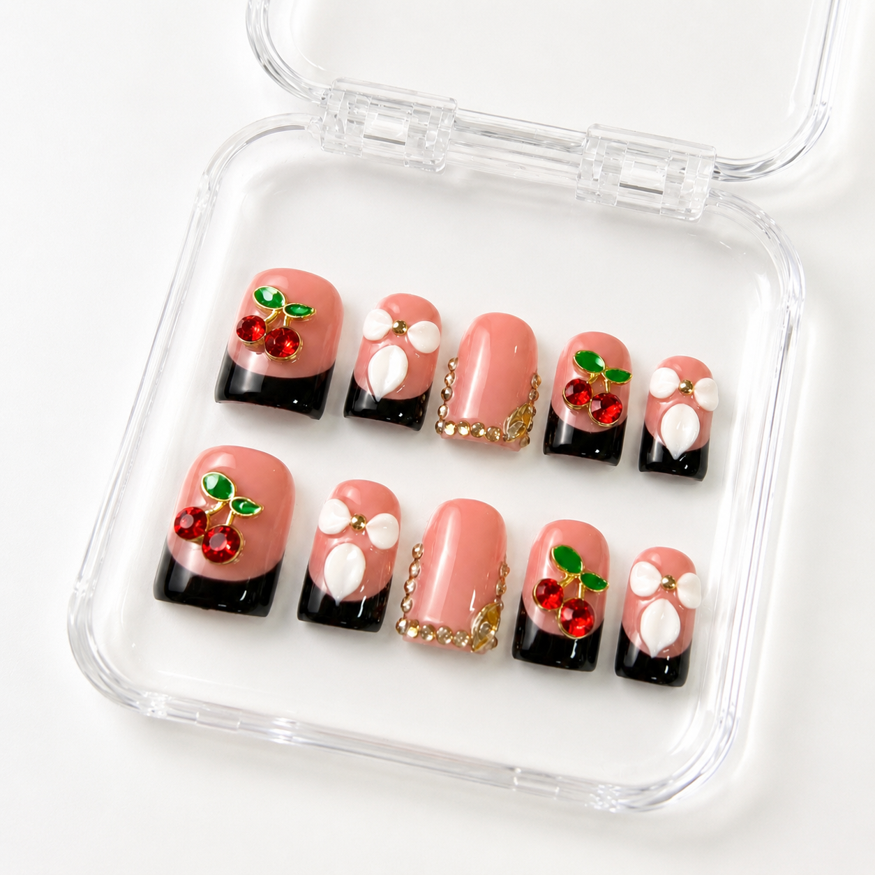 GAGUGAGU Cherry Pink Graphic Press-On Nails for Weekend Brunch, Glossy False Nails for Birthday Party, Date Night and Weekend Style, S M L