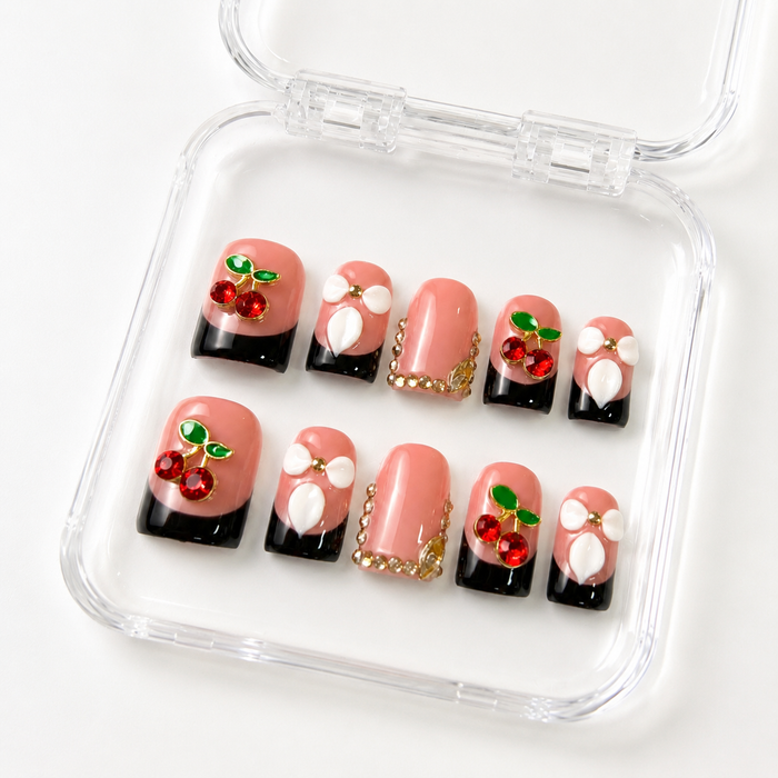 GAGUGAGU Cherry Pink Graphic Press-On Nails for Weekend Brunch, Glossy False Nails for Birthday Party, Date Night and Weekend Style, S M L