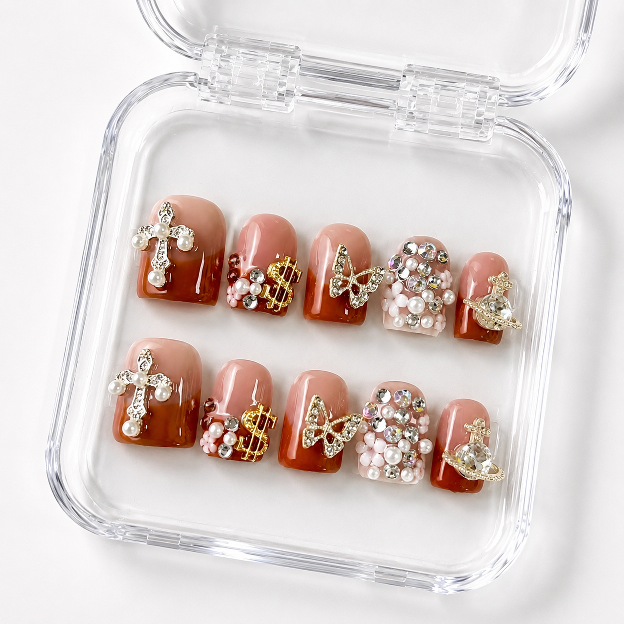GAGUGAGU Red Rose Charm Press-On Nails for Romantic Date Night, Glossy False Nails for Birthday Party, Date Night and Weekend Style, S M L