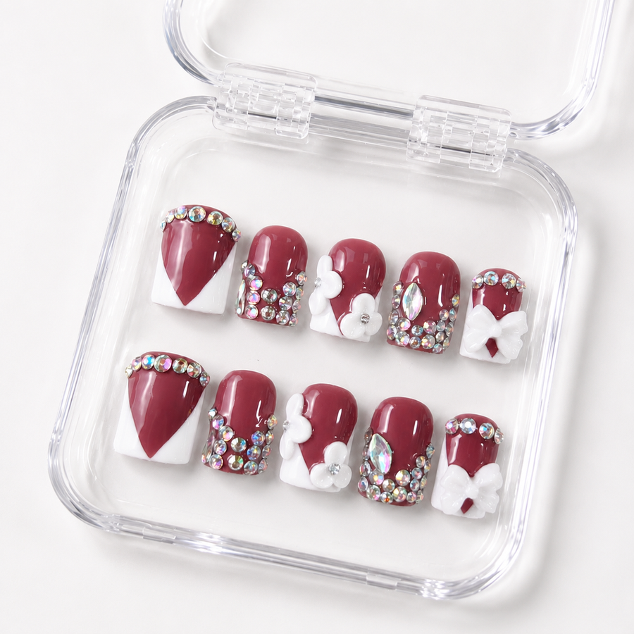 GAGUGAGU Magenta Heart Rhinestone Press-On Nails for Valentine Date, Glossy False Nails for Birthday Party, Date Night and Weekend Style, S M L