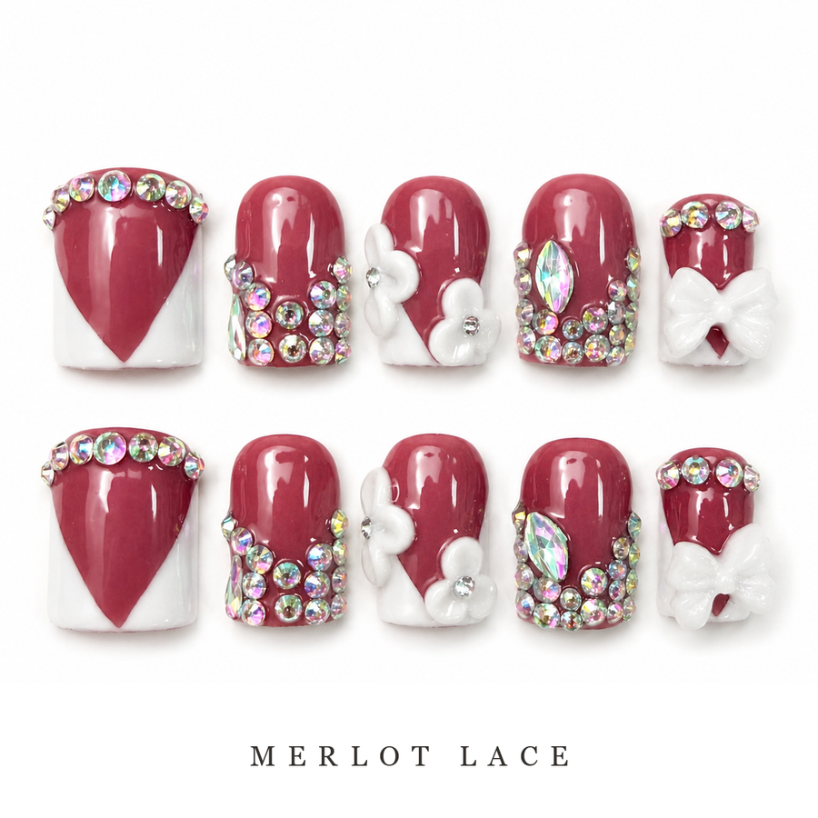 GAGUGAGU Magenta Heart Rhinestone Press-On Nails for Valentine Date, Glossy False Nails for Birthday Party, Date Night and Weekend Style, S M L