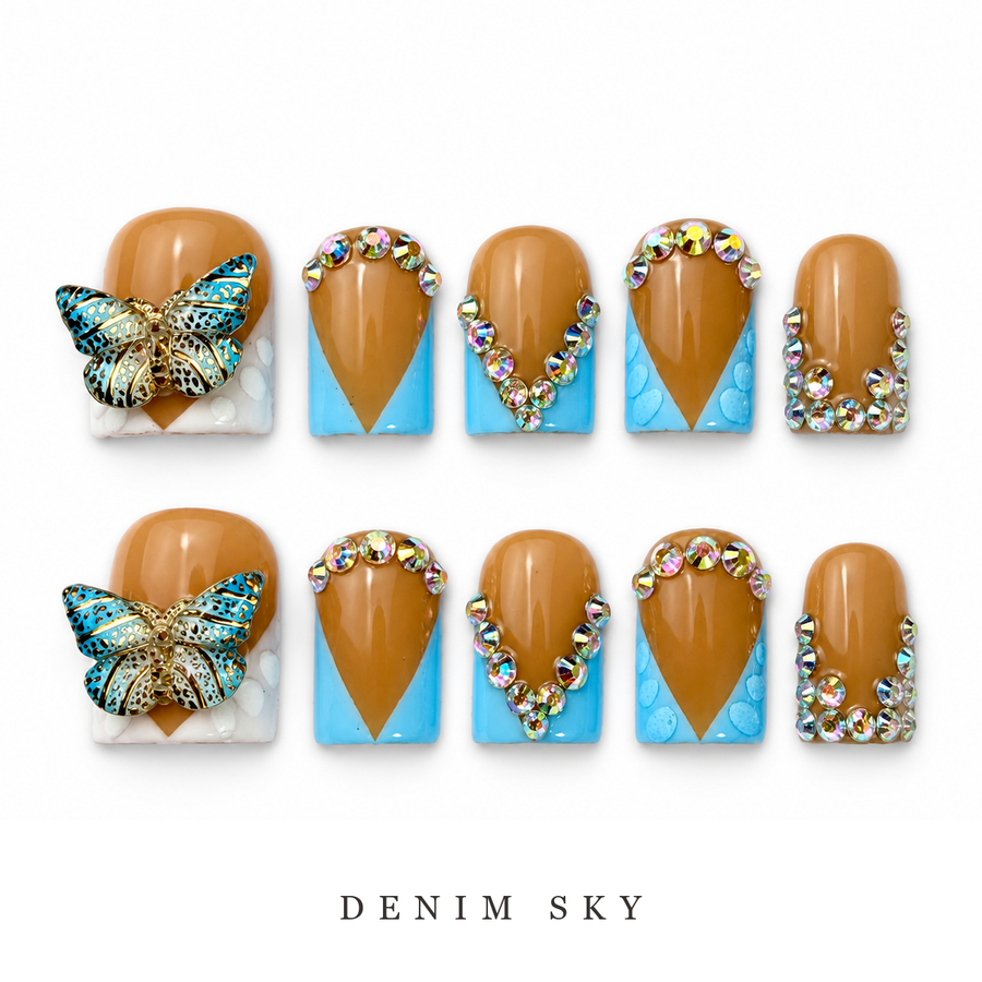 GAGUGAGU Blue Butterfly Orange French Tip Press-On Nails for Summer Holiday, Glossy False Nails for Birthday Party, Date Night and Weekend Style, S M L