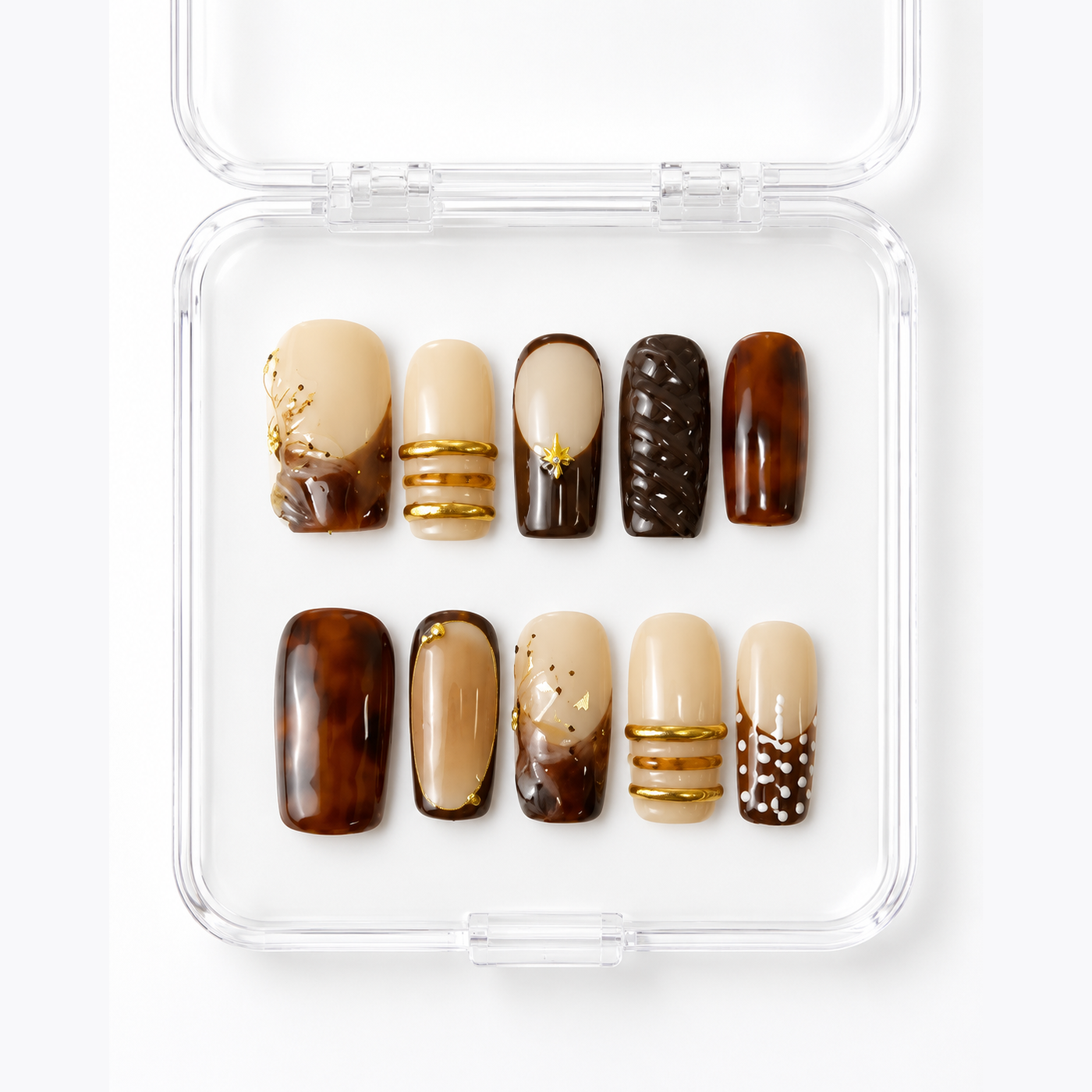 GAGUGAGU Coffee Brown Pearl Press-On Nails for Autumn Coffee Dates, Glossy False Nails for Birthday Party, Date Night and Weekend Style, S M L