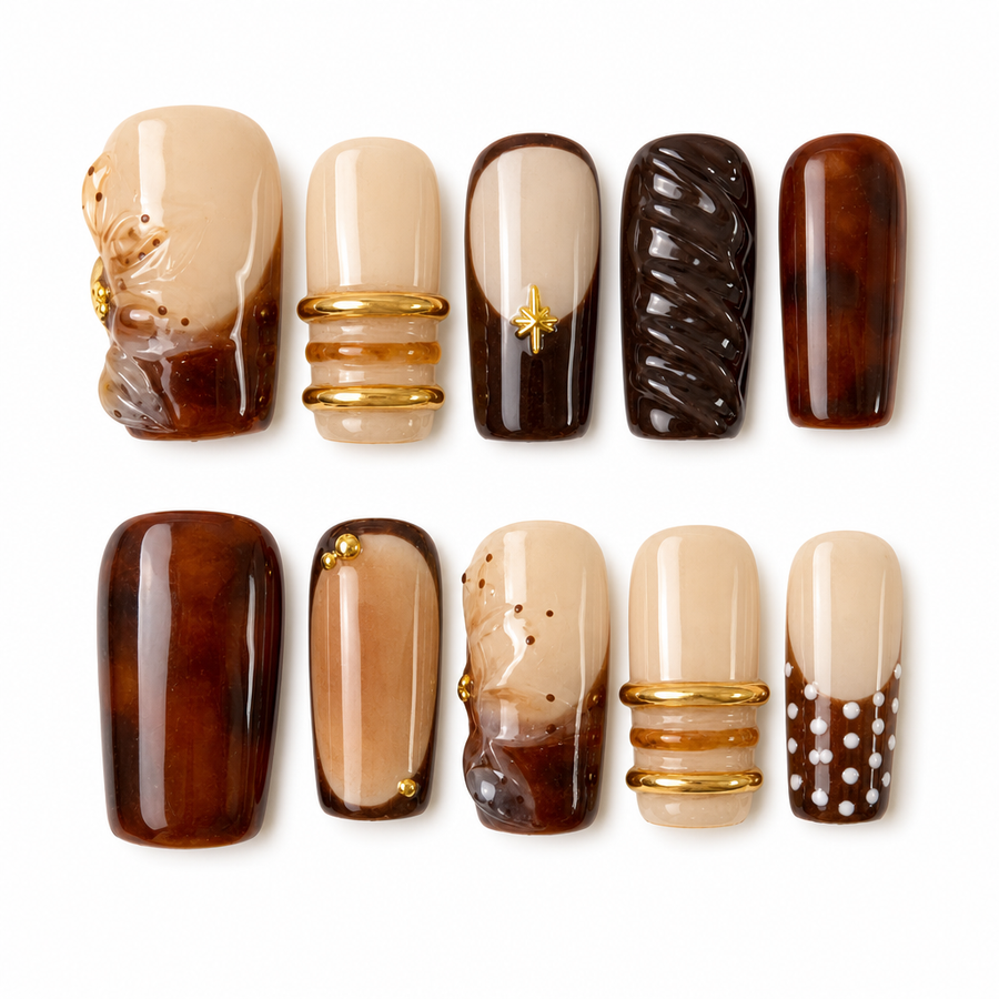 GAGUGAGU Coffee Brown Pearl Press-On Nails for Autumn Coffee Dates, Glossy False Nails for Birthday Party, Date Night and Weekend Style, S M L