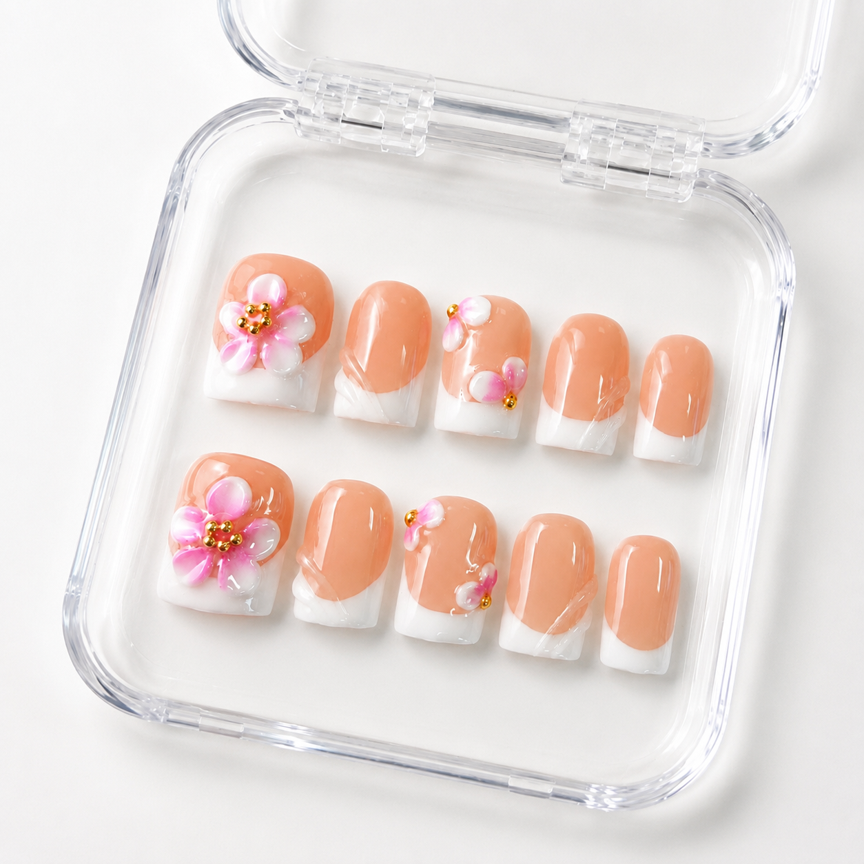GAGUGAGU Peach Floral Rhinestone Press-On Nails for Wedding Guest Looks, Glossy False Nails for Birthday Party, Date Night and Weekend Style, S M L