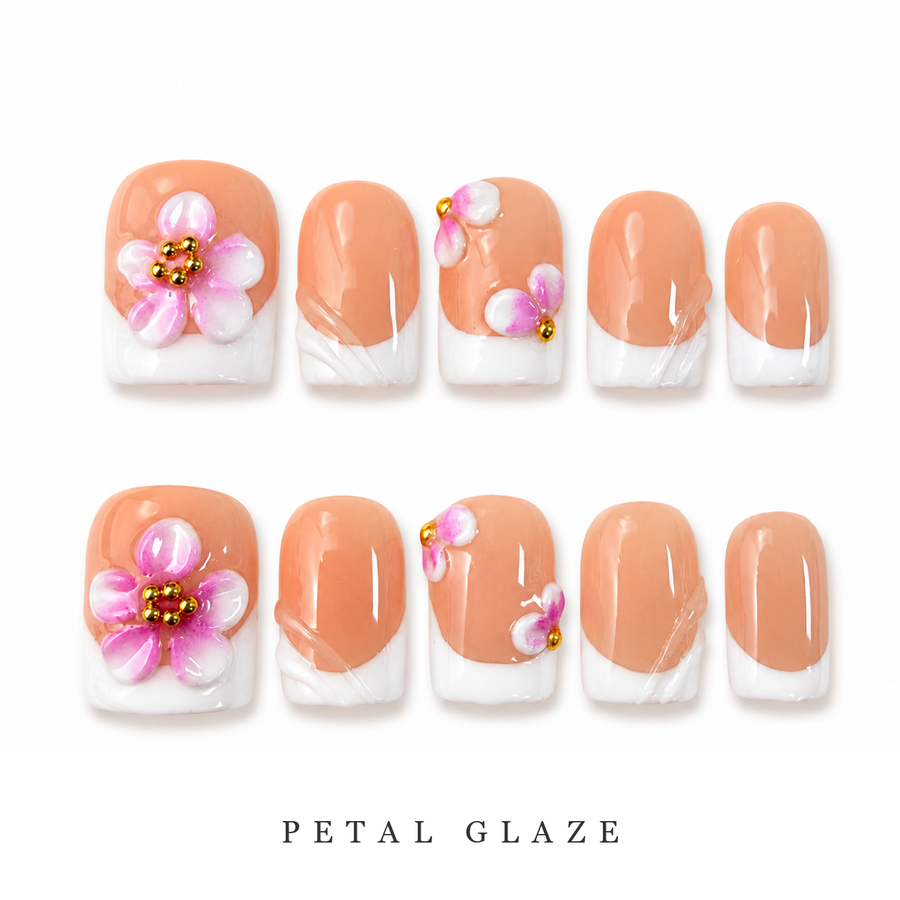 GAGUGAGU Peach Floral Rhinestone Press-On Nails for Wedding Guest Looks, Glossy False Nails for Birthday Party, Date Night and Weekend Style, S M L