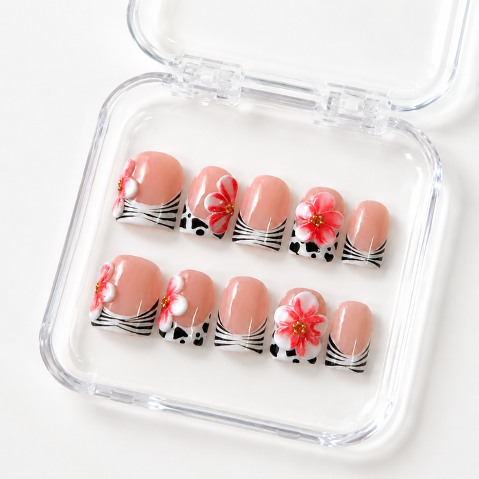 GAGUGAGU Pink Cherry Ribbon Press-On Nails for Sweet Date Night, Glossy False Nails for Birthday Party, Date Night and Weekend Style, S M L
