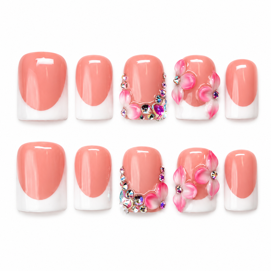 GAGUGAGU Pink Butterfly Rhinestone Press-On Nails for Birthday Glam, Glossy False Nails for Birthday Party, Date Night and Weekend Style, S M L