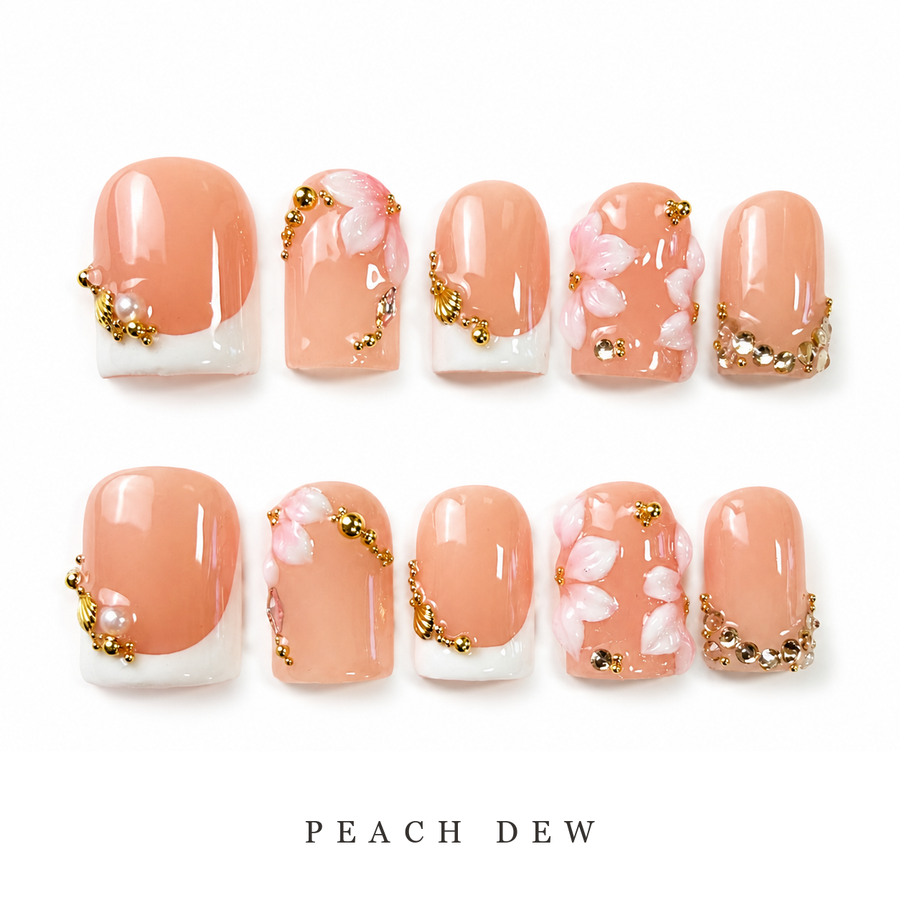 GAGUGAGU Peach Crystal Bow Press-On Nails for Bridal Brunch, Glossy False Nails for Birthday Party, Date Night and Weekend Style, S M L