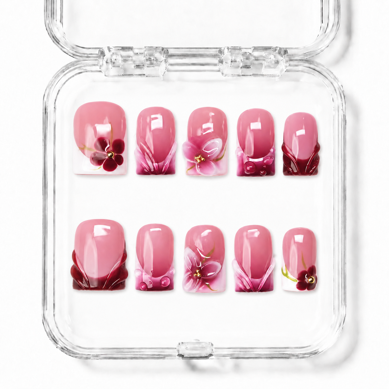 GAGUGAGU Pink Crystal Heart Press-On Nails for Valentine Date, Glossy False Nails for Birthday Party, Date Night and Weekend Style, S M L