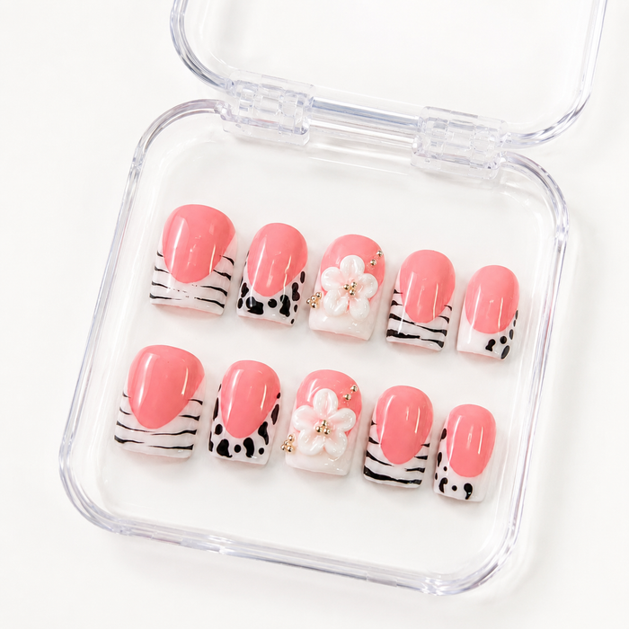 GAGUGAGU Pink Black Bow French Tip Press-On Nails for Evening Party, Glossy False Nails for Birthday Party, Date Night and Weekend Style, S M L