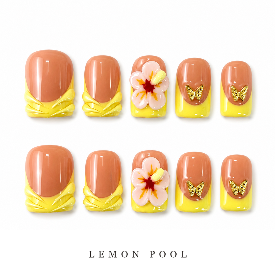 GAGUGAGU Yellow Daisy French Tip Press-On Nails for Summer Picnic, Glossy False Nails for Birthday Party, Date Night and Weekend Style, S M L