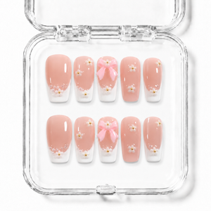 GAGUGAGU White Pearl Blossom Press-On Nails for Bridal Shower, Glossy False Nails for Birthday Party, Date Night and Weekend Style, S M L