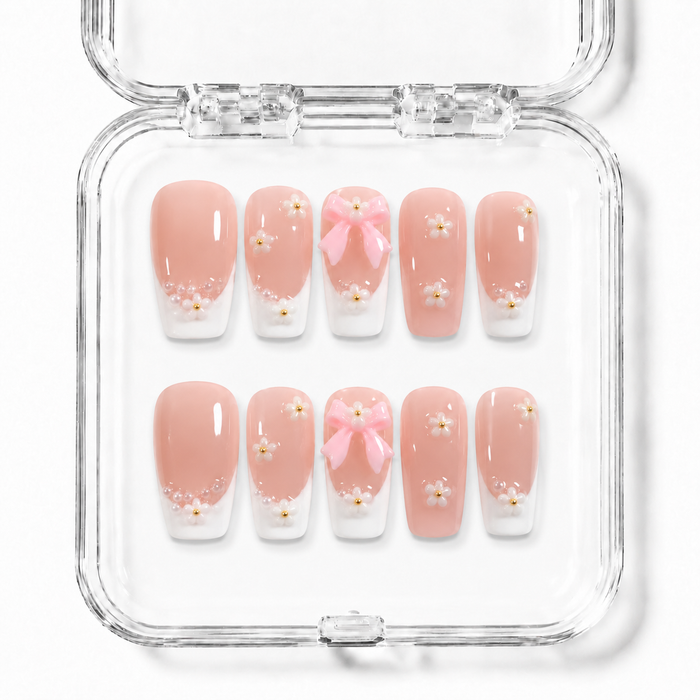 GAGUGAGU White Pearl Blossom Press-On Nails for Bridal Shower, Glossy False Nails for Birthday Party, Date Night and Weekend Style, S M L