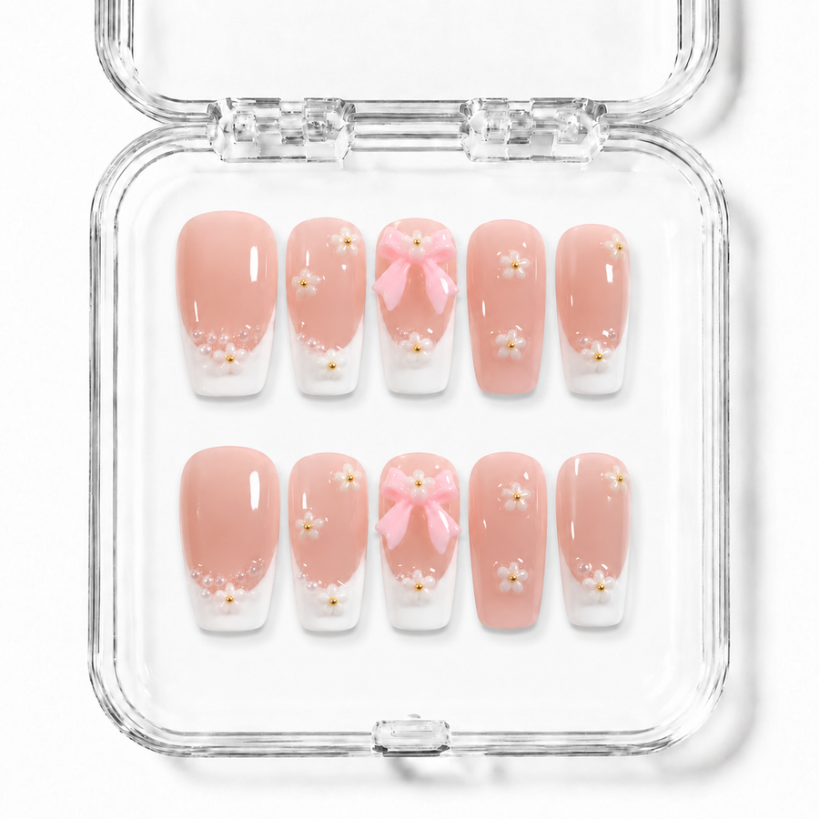 GAGUGAGU White Pearl Blossom Press-On Nails for Bridal Shower, Glossy False Nails for Birthday Party, Date Night and Weekend Style, S M L