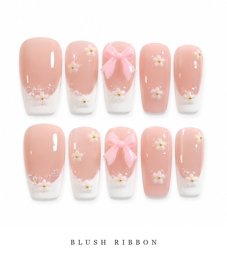 GAGUGAGU White Pearl Blossom Press-On Nails for Bridal Shower, Glossy False Nails for Birthday Party, Date Night and Weekend Style, S M L
