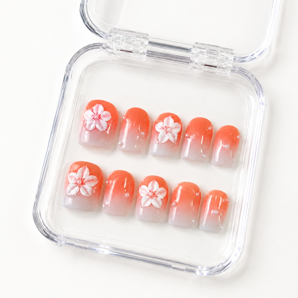 GAGUGAGU Coral Flower Outline Press-On Nails for Summer Brunch, Glossy False Nails for Birthday Party, Date Night and Weekend Style, S M L