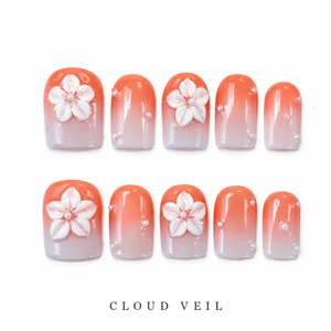 GAGUGAGU Coral Flower Outline Press-On Nails for Summer Brunch, Glossy False Nails for Birthday Party, Date Night and Weekend Style, S M L