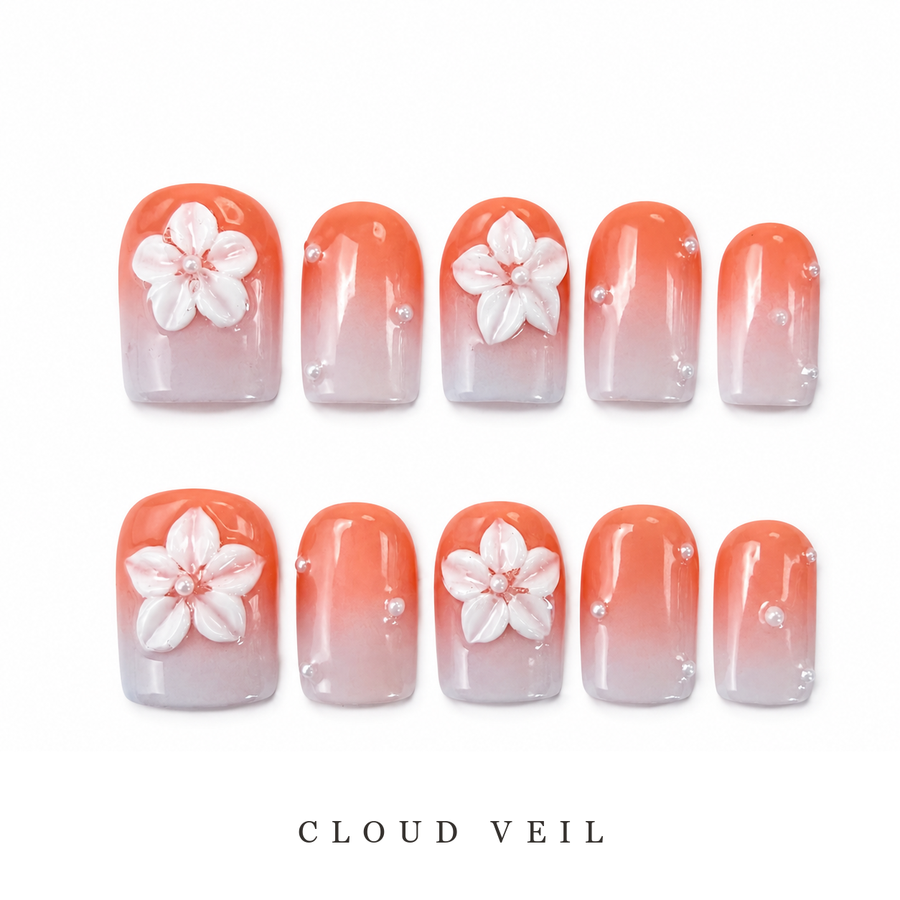 GAGUGAGU Coral Flower Outline Press-On Nails for Summer Brunch, Glossy False Nails for Birthday Party, Date Night and Weekend Style, S M L