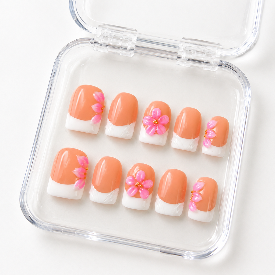GAGUGAGU Peach Heart Accent Press-On Nails for Everyday Date Night, Glossy False Nails for Birthday Party, Date Night and Weekend Style, S M L