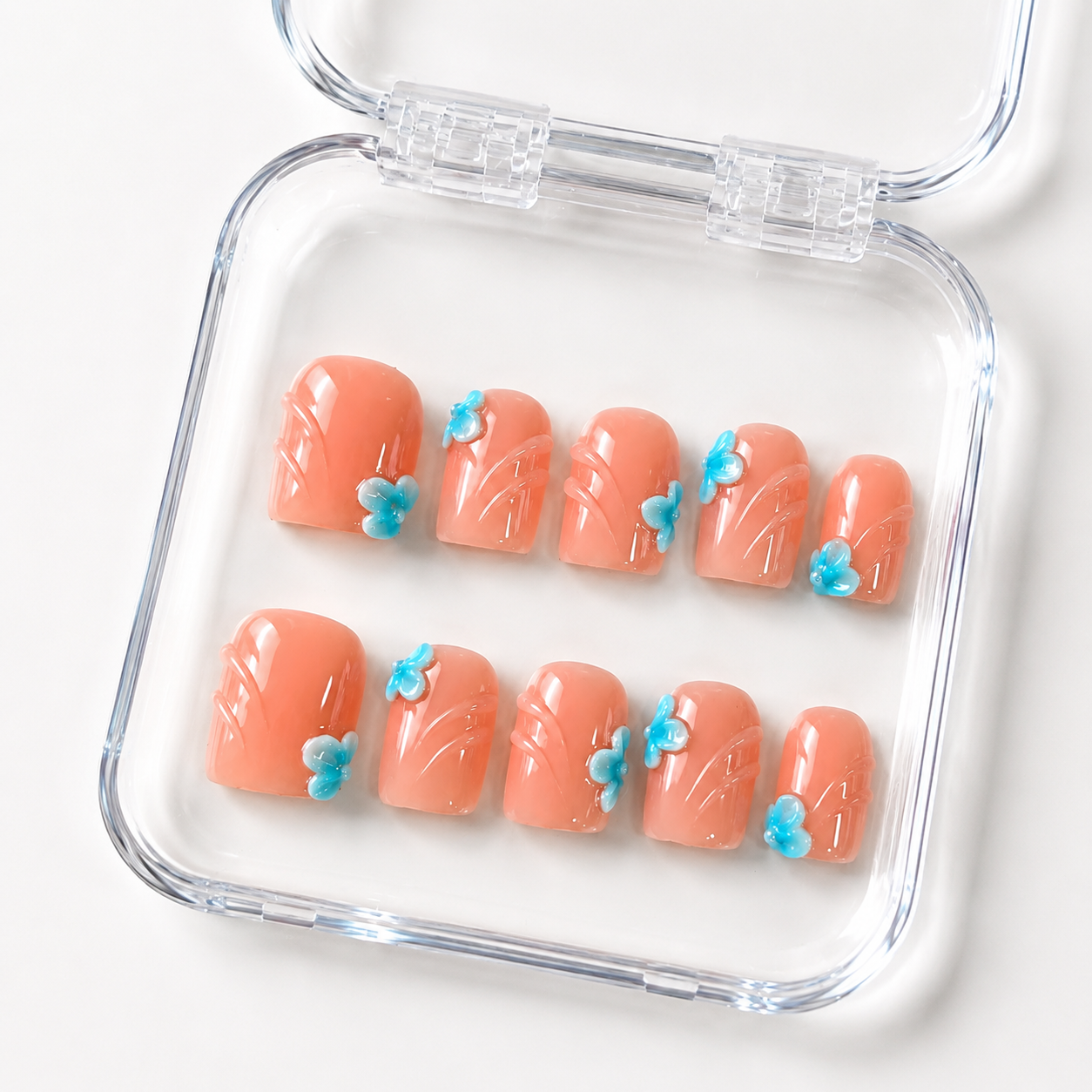GAGUGAGU Aqua Floral French Tip Press-On Nails for Beach Holiday, Glossy False Nails for Birthday Party, Date Night and Weekend Style, S M L
