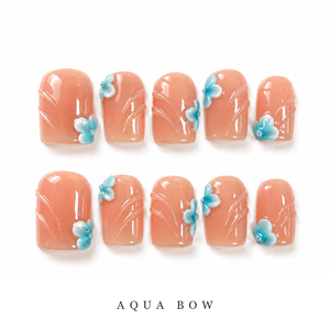 GAGUGAGU Aqua Floral French Tip Press-On Nails for Beach Holiday, Glossy False Nails for Birthday Party, Date Night and Weekend Style, S M L