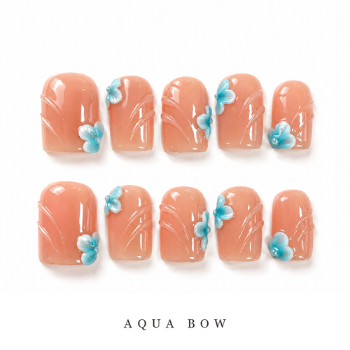 GAGUGAGU Aqua Floral French Tip Press-On Nails for Beach Holiday, Glossy False Nails for Birthday Party, Date Night and Weekend Style, S M L