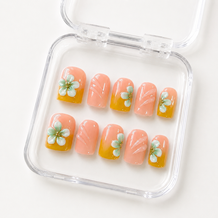 GAGUGAGU Peach Green Flower Press-On Nails for Spring Garden Party, Glossy False Nails for Birthday Party, Date Night and Weekend Style, S M L