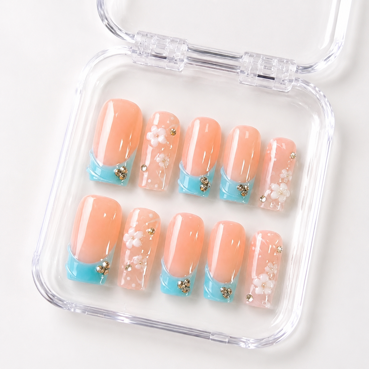 GAGUGAGU Aqua Star Press-On Nails for Beach Weekend, Glossy False Nails for Birthday Party, Date Night and Weekend Style, S M L