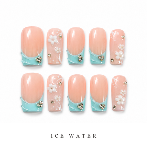 GAGUGAGU Aqua Star Press-On Nails for Beach Weekend, Glossy False Nails for Birthday Party, Date Night and Weekend Style, S M L