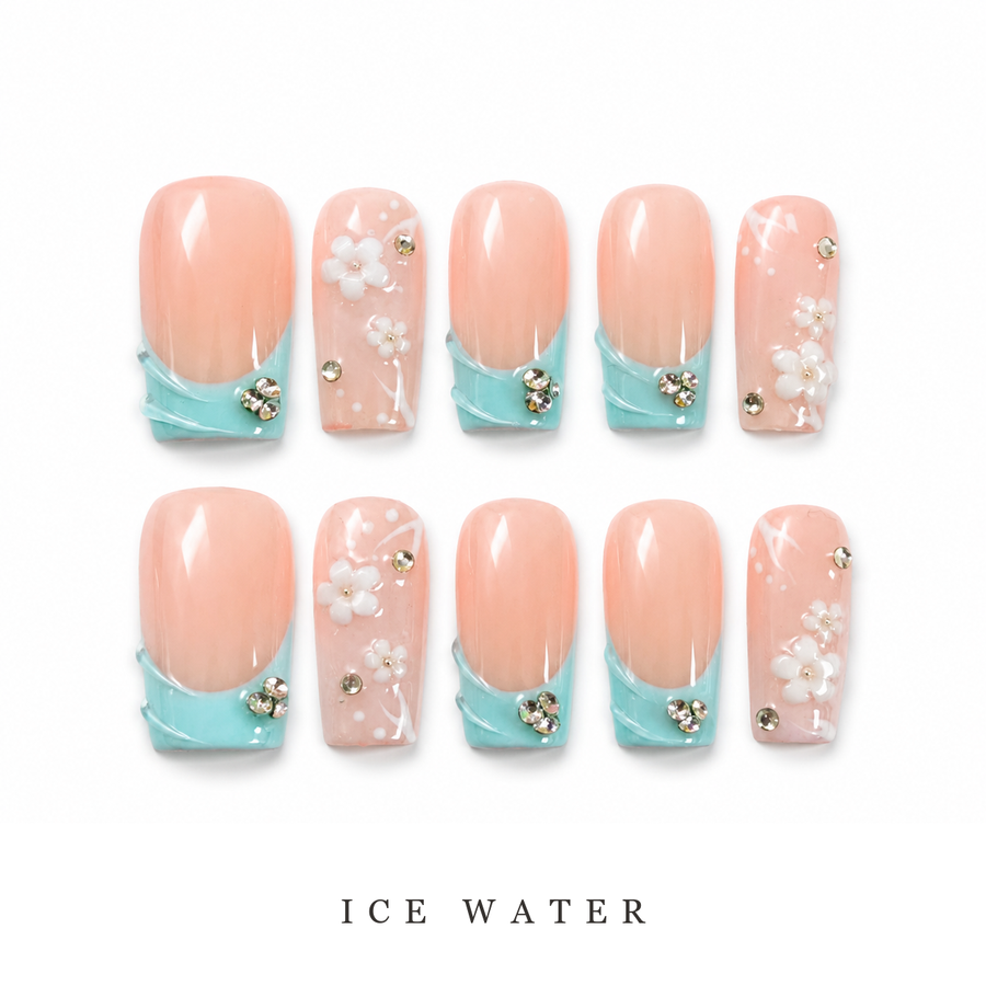 GAGUGAGU Aqua Star Press-On Nails for Beach Weekend, Glossy False Nails for Birthday Party, Date Night and Weekend Style, S M L