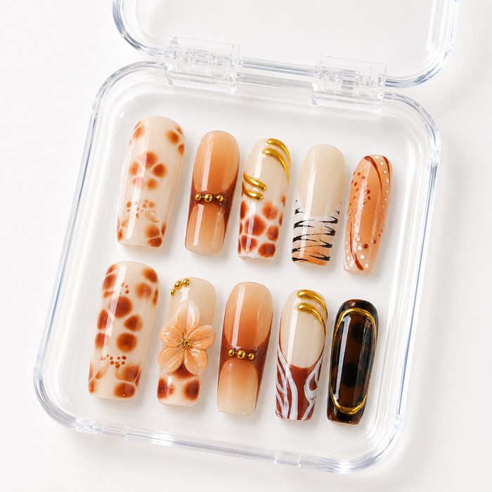 GAGUGAGU Brown Cow Print Press-On Nails for Country Concert, Glossy False Nails for Birthday Party, Date Night and Weekend Style, S M L