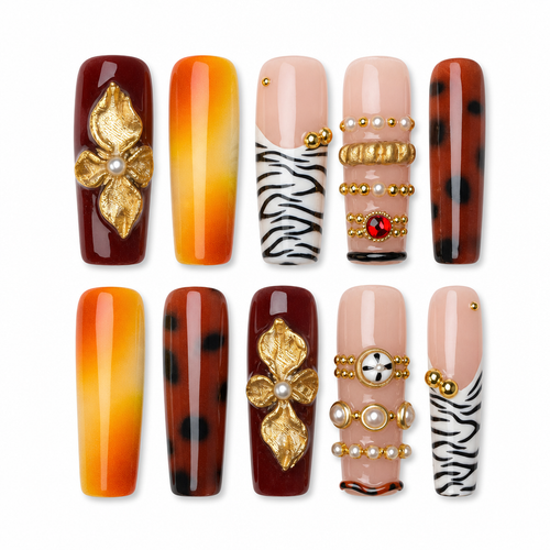GAGUGAGU Amber Tortoise Shell Press-On Nails for Autumn Date Night, Glossy False Nails for Birthday Party, Date Night and Weekend Style, S M L