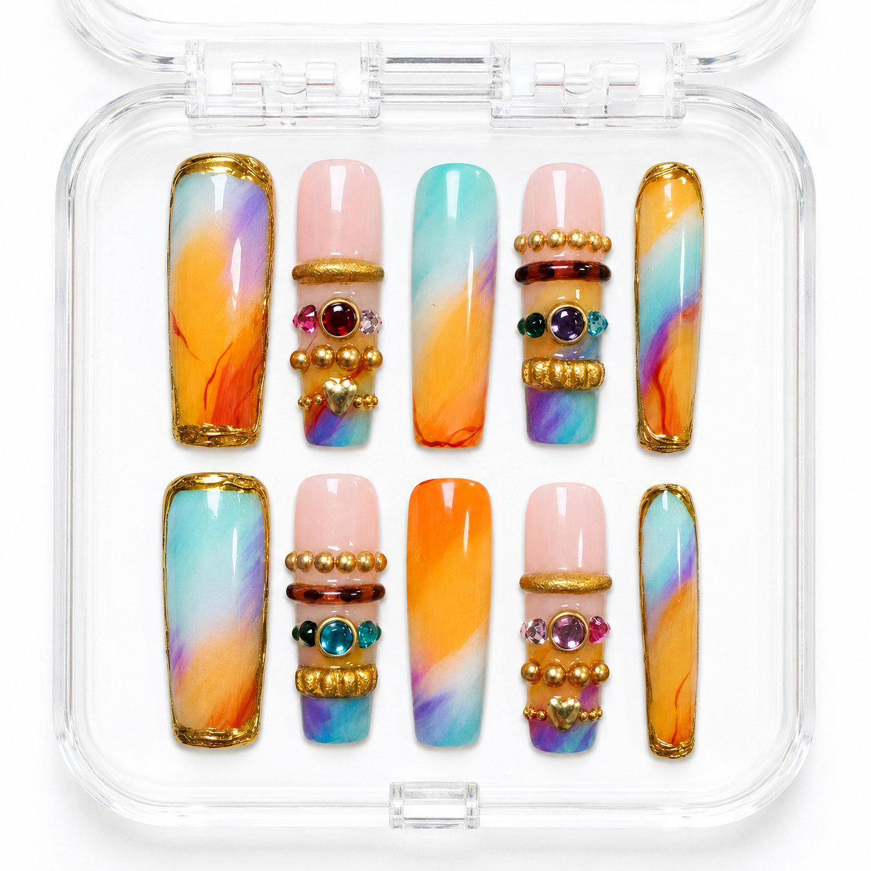GAGUGAGU Sunset Rainbow French Tip Press-On Nails for Beach Vacation, Glossy False Nails for Birthday Party, Date Night and Weekend Style, S M L