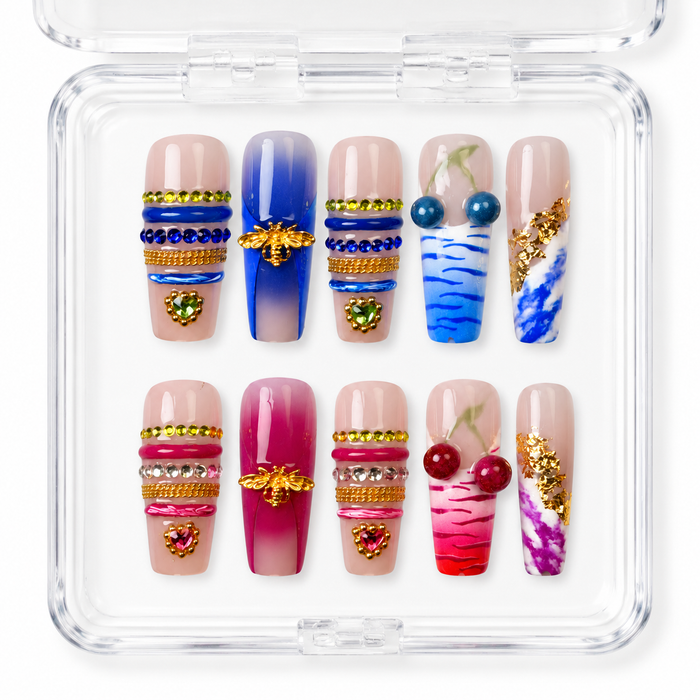 GAGUGAGU Colorful Stripe Graphic Press-On Nails for Festival Season, Glossy False Nails for Birthday Party, Date Night and Weekend Style, S M L