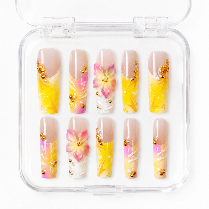 GAGUGAGU Yellow Pink Watercolor Press-On Nails for Summer Wedding, Glossy False Nails for Birthday Party, Date Night and Weekend Style, S M L
