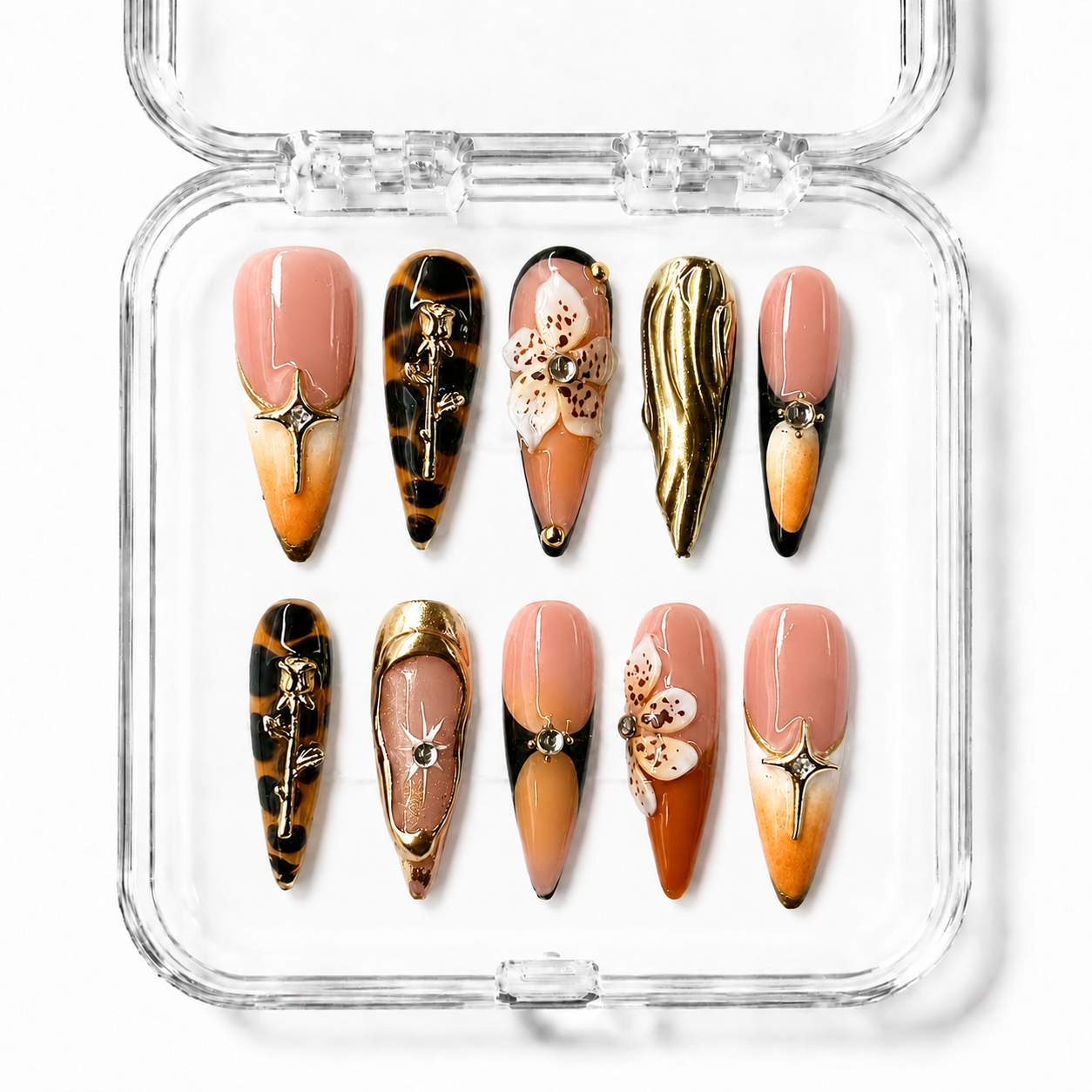 GAGUGAGU Brown Leopard Gold Press-On Nails for Evening Glam, Glossy False Nails for Birthday Party, Date Night and Weekend Style, S M L