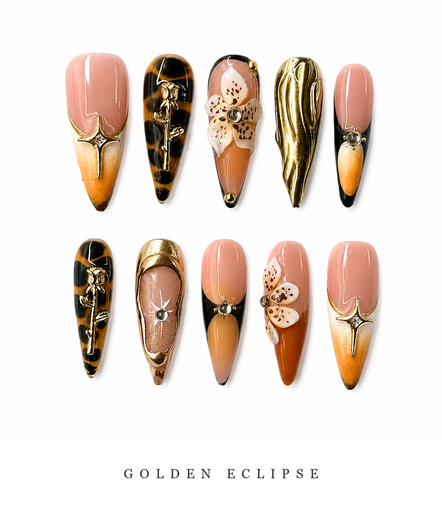 GAGUGAGU Brown Leopard Gold Press-On Nails for Evening Glam, Glossy False Nails for Birthday Party, Date Night and Weekend Style, S M L
