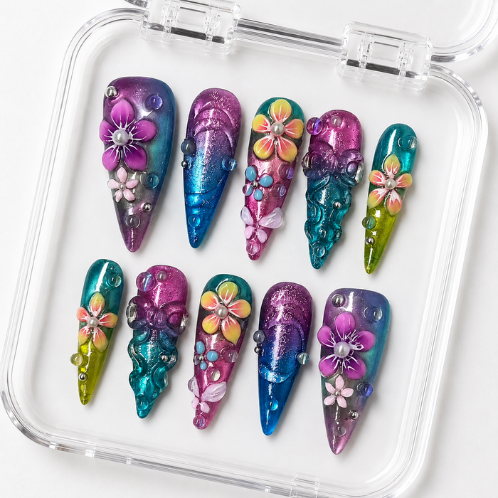 GAGUGAGU Blue Purple Butterfly Stiletto Press-On Nails for Festival Night, Glossy False Nails for Birthday Party, Date Night and Weekend Style, S M L