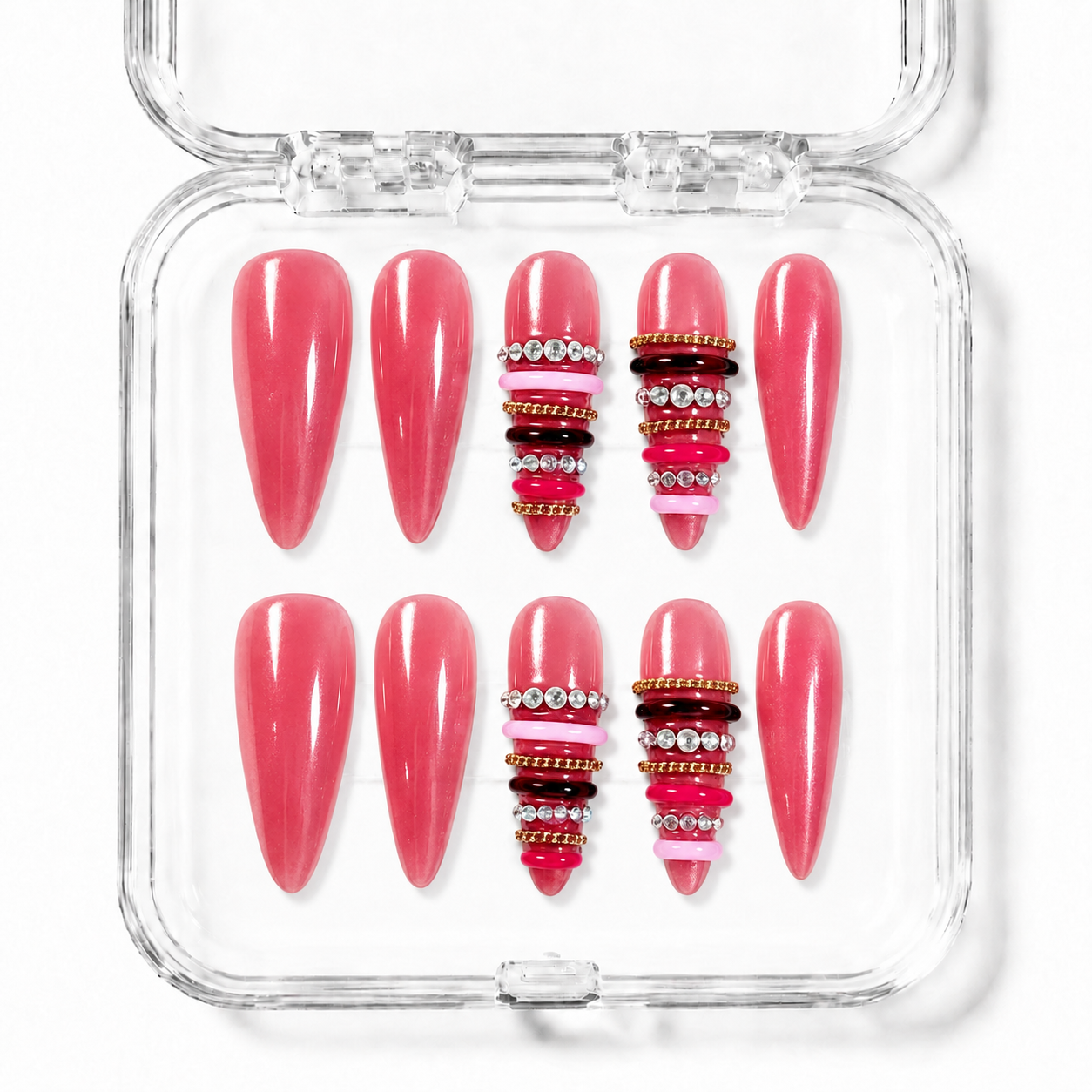 GAGUGAGU Red Heart Stiletto Press-On Nails for Valentine Date, Glossy False Nails for Birthday Party, Date Night and Weekend Style, S M L