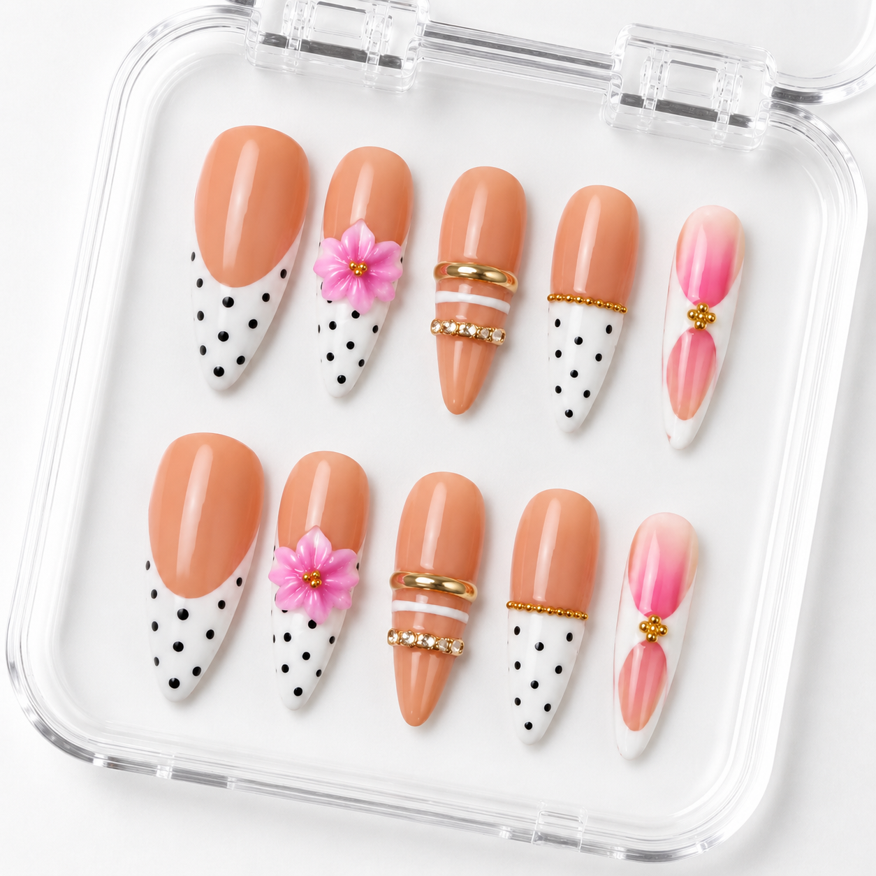 GAGUGAGU Peach Ice Cream Cone Press-On Nails for Summer Vacation, Glossy False Nails for Birthday Party, Date Night and Weekend Style, S M L