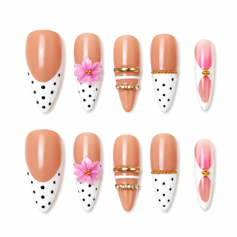 GAGUGAGU Peach Ice Cream Cone Press-On Nails for Summer Vacation, Glossy False Nails for Birthday Party, Date Night and Weekend Style, S M L