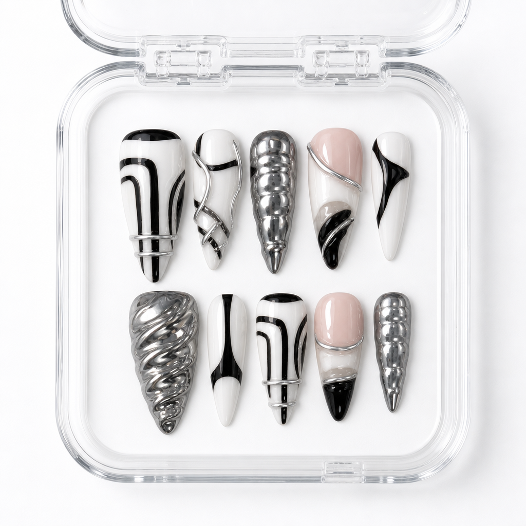 GAGUGAGU Black White Chrome Stiletto Press-On Nails for Night Out, Glossy False Nails for Birthday Party, Date Night and Weekend Style, S M L