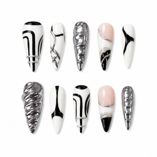 GAGUGAGU Black White Chrome Stiletto Press-On Nails for Night Out, Glossy False Nails for Birthday Party, Date Night and Weekend Style, S M L