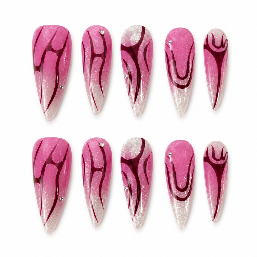 GAGUGAGU Magenta Metallic Stiletto Press-On Nails for Concert Night, Glossy False Nails for Birthday Party, Date Night and Weekend Style, S M L