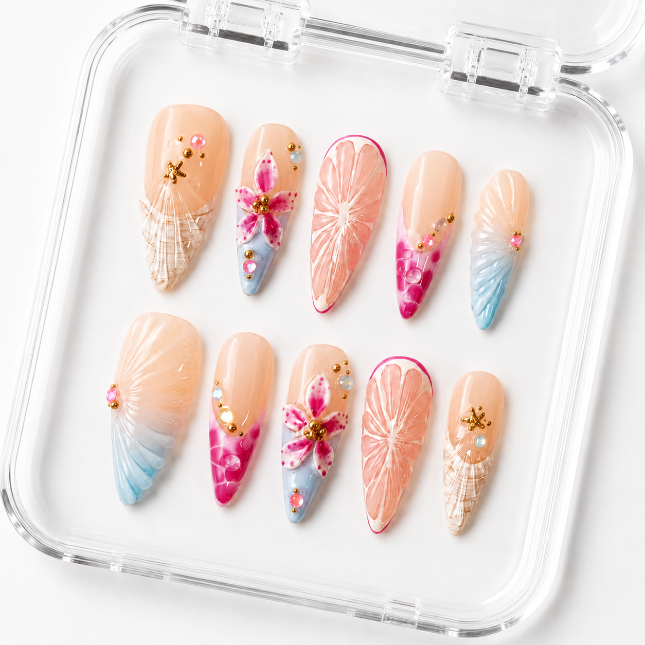 GAGUGAGU White Pink Butterfly Stiletto Press-On Nails for Bridal Party, Glossy False Nails for Birthday Party, Date Night and Weekend Style, S M L