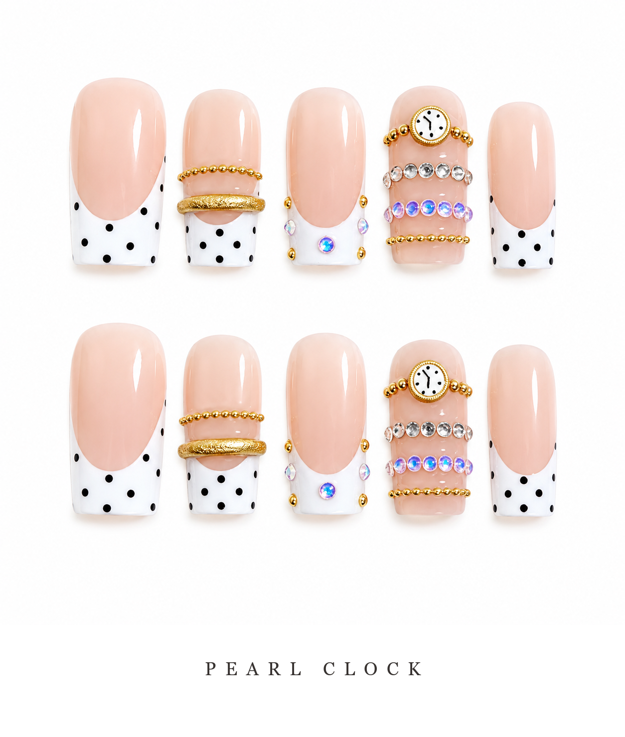 GAGUGAGU Nude Polka Dot Clock Charm Press-On Nails for Birthday Parties, Glossy False Nails for Birthday Party, Date Night and Weekend Style, S M L