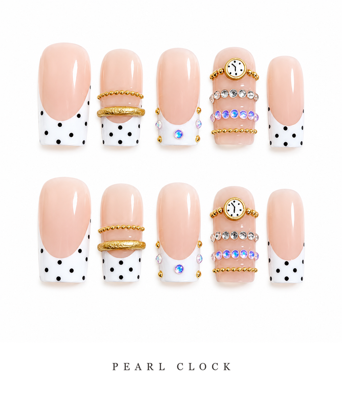 GAGUGAGU Nude Polka Dot Clock Charm Press-On Nails for Birthday Parties, Glossy False Nails for Birthday Party, Date Night and Weekend Style, S M L